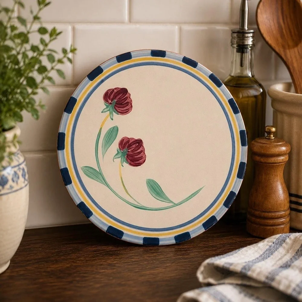 Lenox Poppies on Blue Terracotta Trivet 8 Inch Vintage Portugal Hand Painted